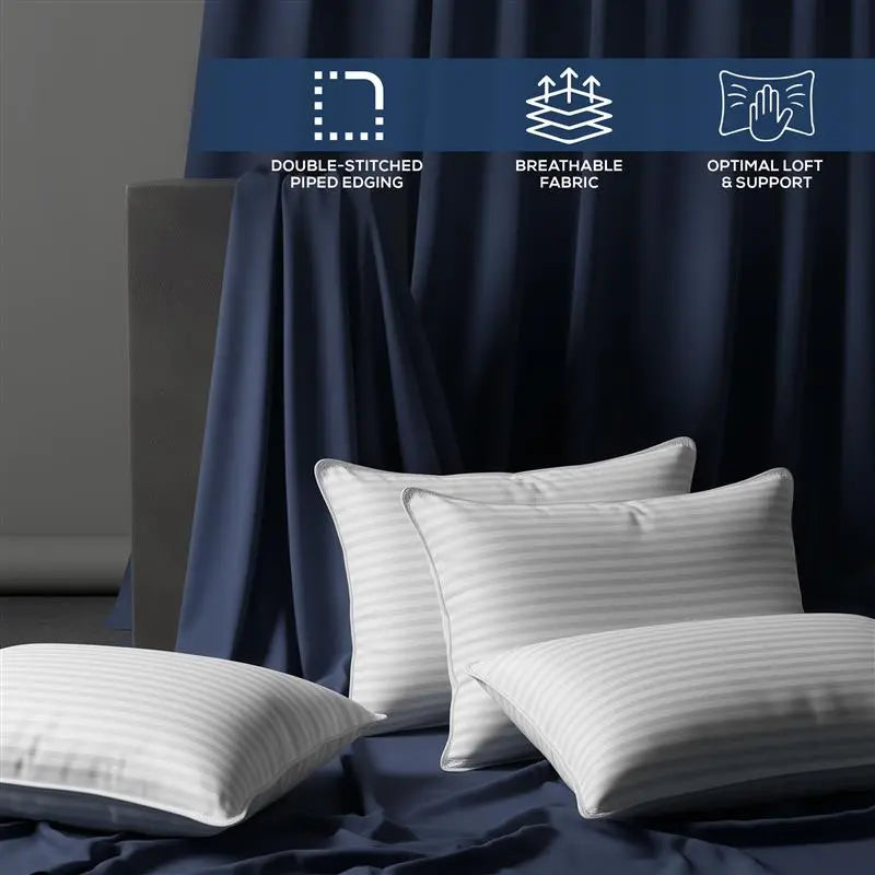 Utopia Bedding Hotel-Quality Bed Pillows for Sleeping - Set of 4, Soft Contoured Design, White Striped, Queen Size, Comfort for Back, Stomach, or Side Sleepers