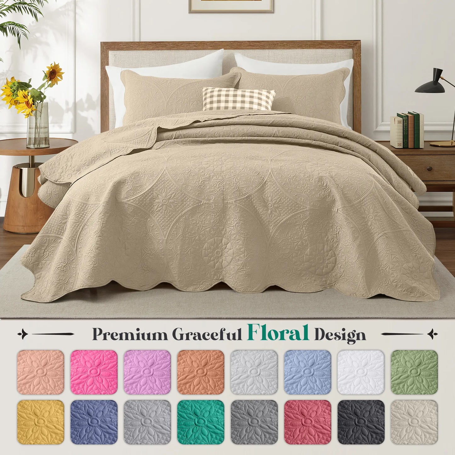 Imperial Homeware Floral Ultrasonic Quilted Bedspread Set – Lightweight Polyester Coverlet with Pillow Sham(S), Soft Breathable All-Season Bedding, Machine Washable, Twin/ Queen/ King