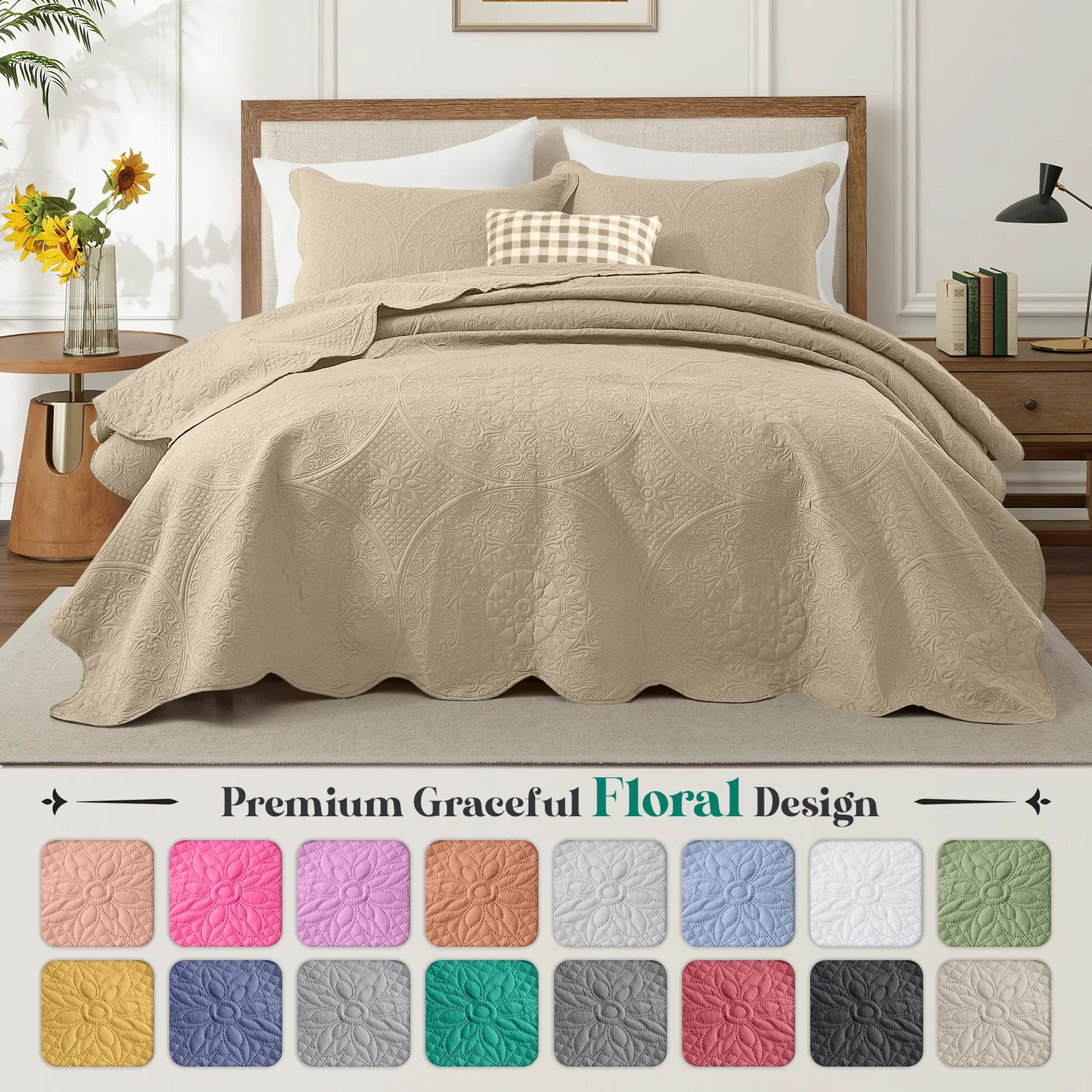 Imperial Homeware Floral Ultrasonic Quilted Bedspread Set – Lightweight Polyester Coverlet with Pillow Sham(S), Soft Breathable All-Season Bedding, Machine Washable, Twin/ Queen/ King