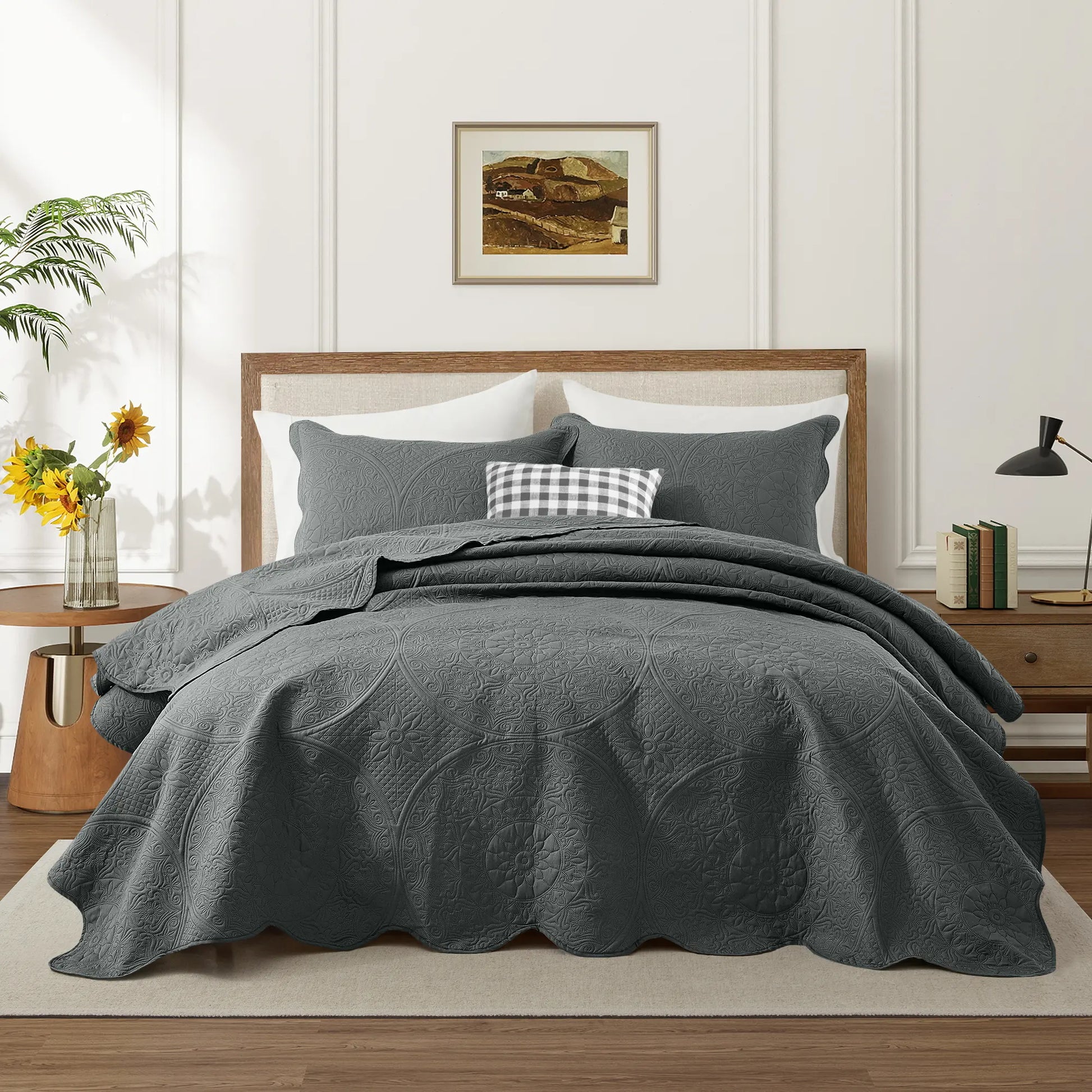Imperial Homeware Floral Ultrasonic Quilted Bedspread Set – Lightweight Polyester Coverlet with Pillow Sham(S), Soft Breathable All-Season Bedding, Machine Washable, Twin/ Queen/ King