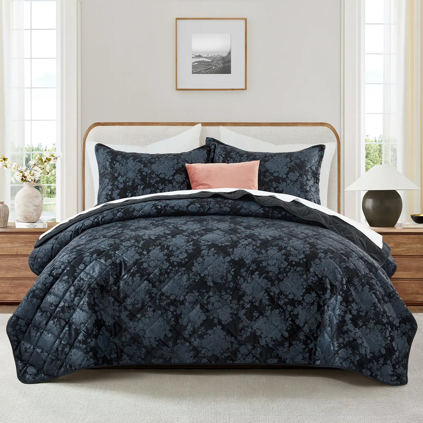 Imperial Homeware Floral Ultrasonic Quilted Bedspread Set – Lightweight Polyester Coverlet with Pillow Sham(S), Soft Breathable All-Season Bedding, Machine Washable, Twin/ Queen/ King
