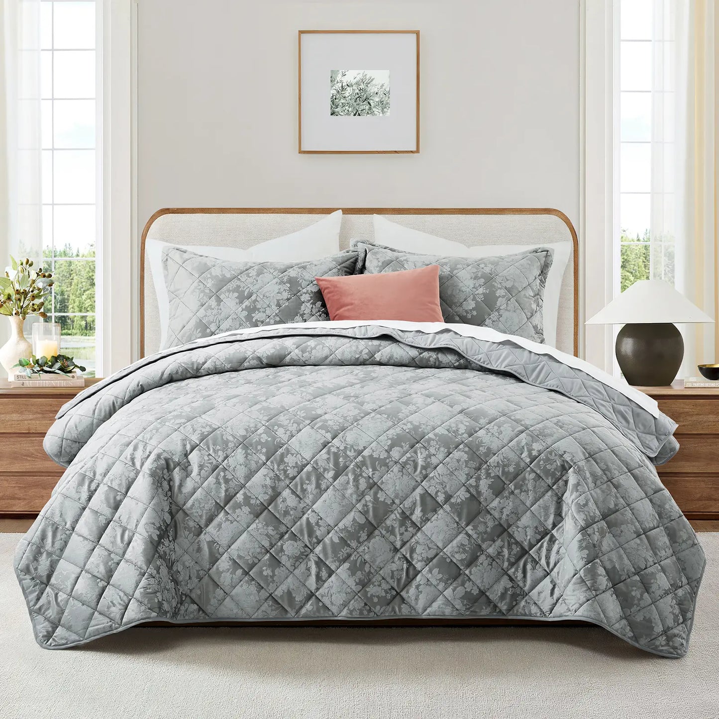 Imperial Homeware Floral Ultrasonic Quilted Bedspread Set – Lightweight Polyester Coverlet with Pillow Sham(S), Soft Breathable All-Season Bedding, Machine Washable, Twin/ Queen/ King