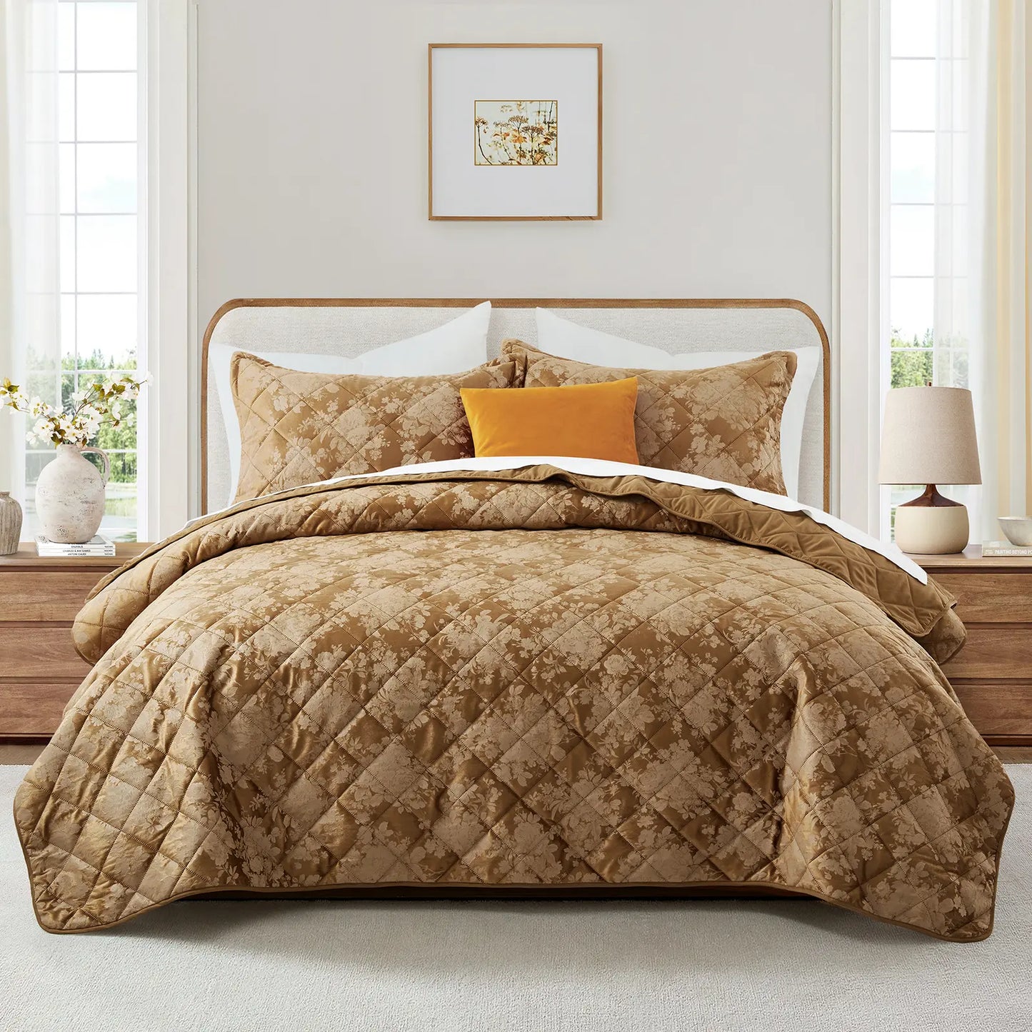 Imperial Homeware Floral Ultrasonic Quilted Bedspread Set – Lightweight Polyester Coverlet with Pillow Sham(S), Soft Breathable All-Season Bedding, Machine Washable, Twin/ Queen/ King