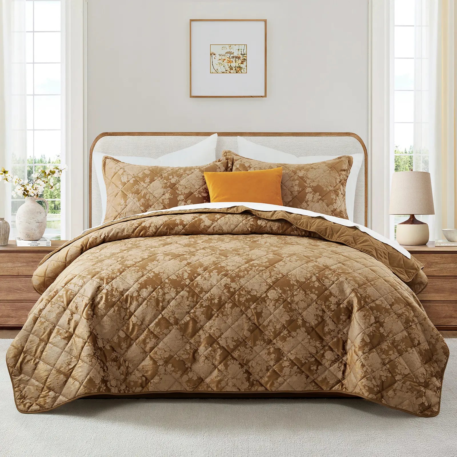 Imperial Homeware Floral Ultrasonic Quilted Bedspread Set – Lightweight Polyester Coverlet with Pillow Sham(S), Soft Breathable All-Season Bedding, Machine Washable, Twin/ Queen/ King