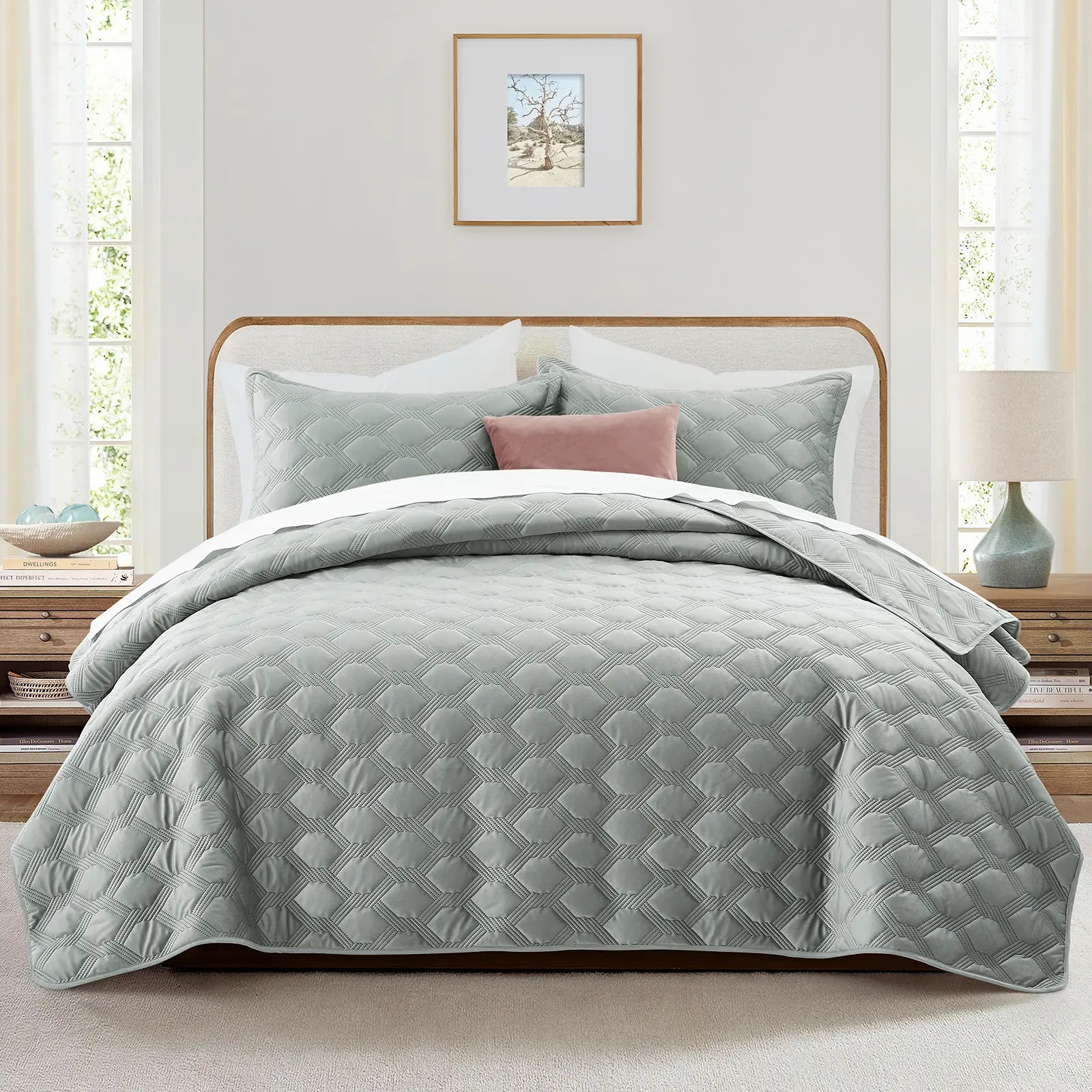 Imperial Homeware Floral Ultrasonic Quilted Bedspread Set – Lightweight Polyester Coverlet with Pillow Sham(S), Soft Breathable All-Season Bedding, Machine Washable, Twin/ Queen/ King