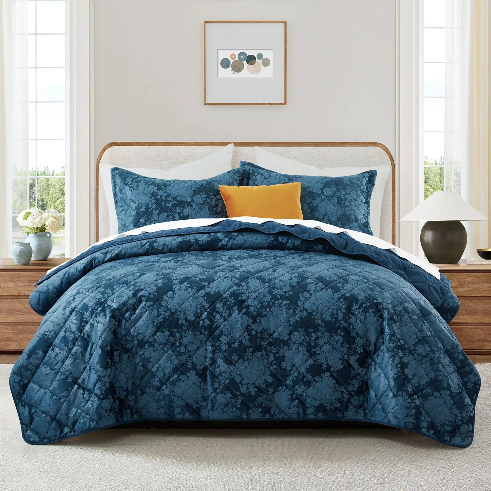 Imperial Homeware Floral Ultrasonic Quilted Bedspread Set – Lightweight Polyester Coverlet with Pillow Sham(S), Soft Breathable All-Season Bedding, Machine Washable, Twin/ Queen/ King