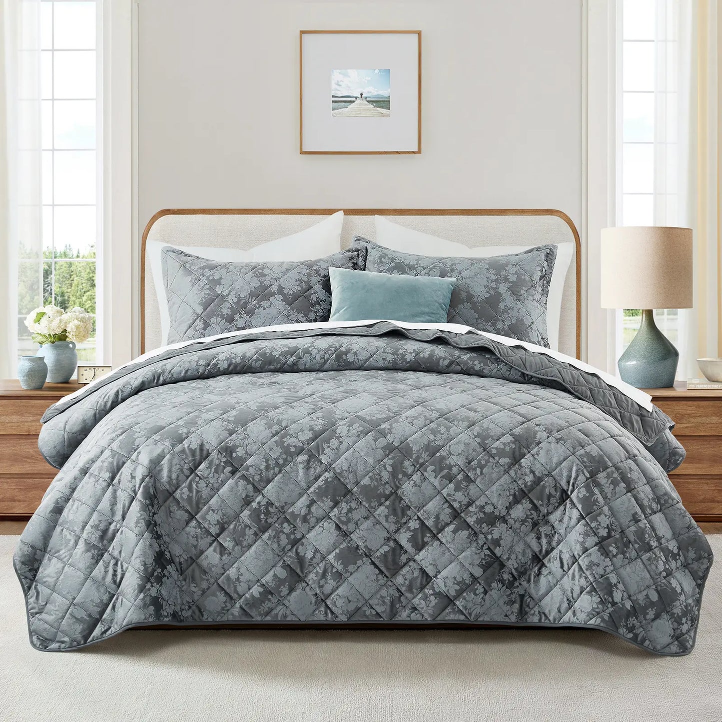 Imperial Homeware Floral Ultrasonic Quilted Bedspread Set – Lightweight Polyester Coverlet with Pillow Sham(S), Soft Breathable All-Season Bedding, Machine Washable, Twin/ Queen/ King