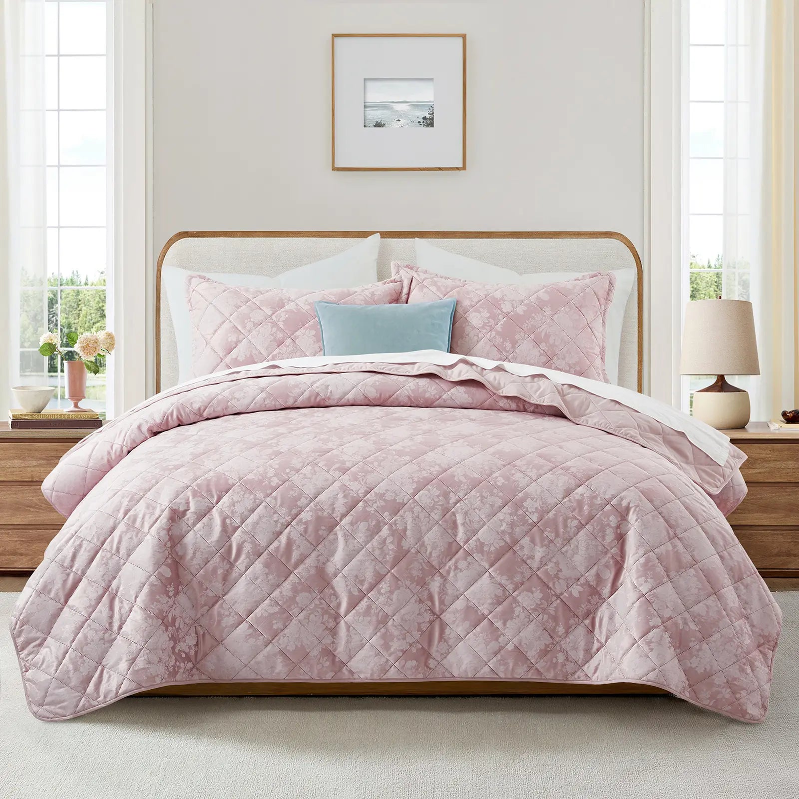 Imperial Homeware Floral Ultrasonic Quilted Bedspread Set – Lightweight Polyester Coverlet with Pillow Sham(S), Soft Breathable All-Season Bedding, Machine Washable, Twin/ Queen/ King