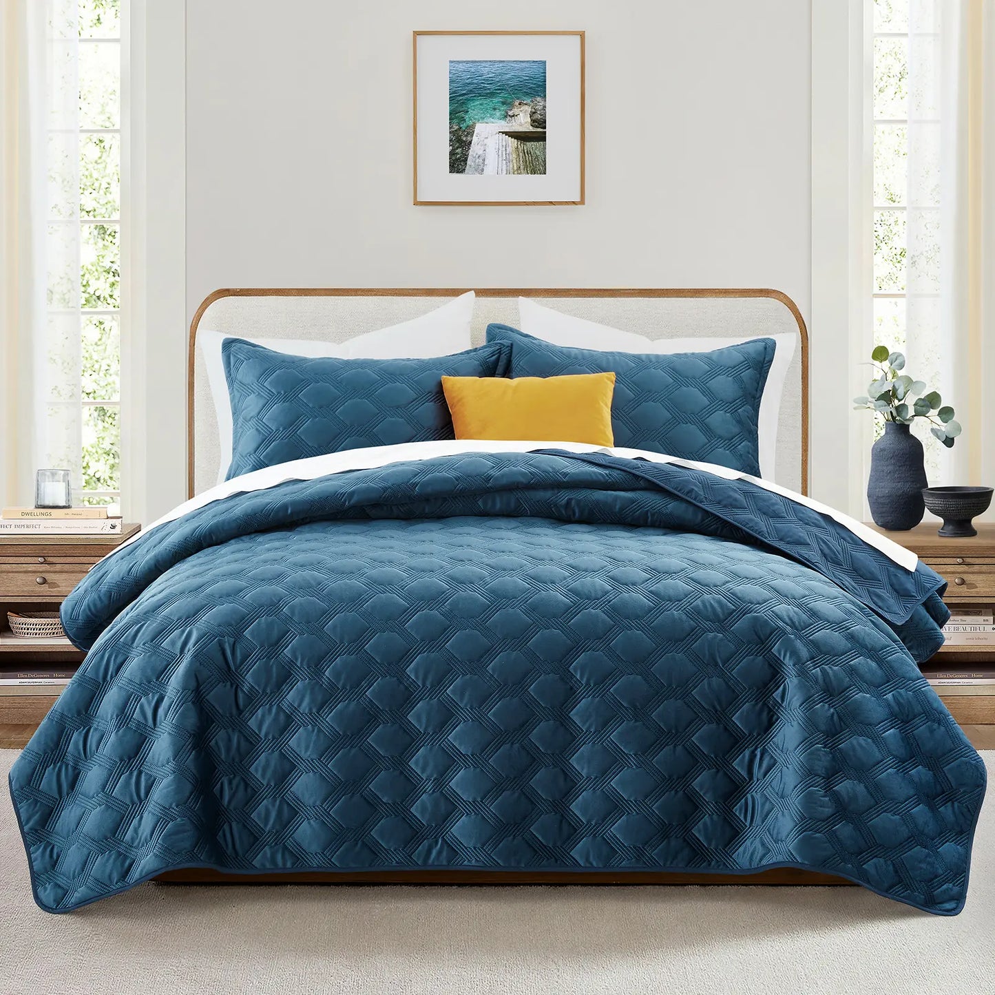 Imperial Homeware Floral Ultrasonic Quilted Bedspread Set – Lightweight Polyester Coverlet with Pillow Sham(S), Soft Breathable All-Season Bedding, Machine Washable, Twin/ Queen/ King